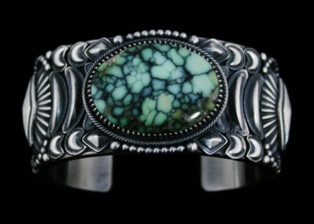 Derrick Gordon Peacock Spiderweb Variscite Reposse Applique Ingot Bracelet