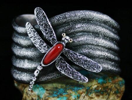 Philander Begay Mediterranean Oxblood Coral Tufa Cast 18K Gold and Sterling Silver Dragonfly Bracelet
