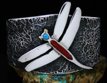 Philander Begay Mediterranean Oxblood Coral 18K Gold and Tufa Cast Sterling Silver Dragonfly Design Bracelet