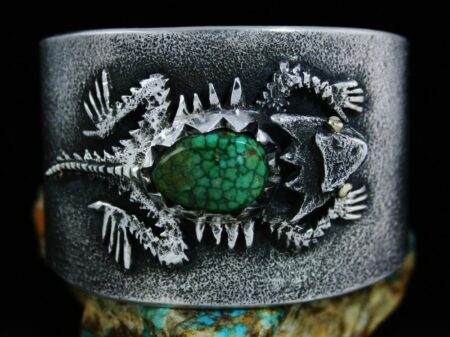 Philander Begay Darling Darlene Spiderweb Turquoise 18K Gold and Tufa Cast Sterling Silver Horny Toad Bracelet