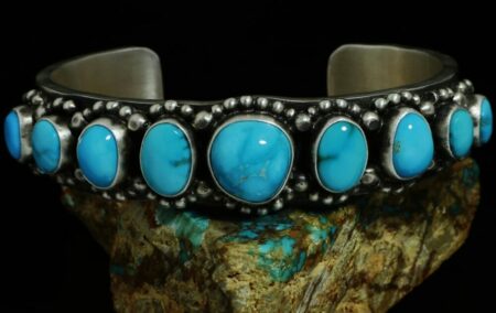 Herman Smith Lone Mountain Turquoise Heavy Gauge Double Sided Sterling Silver Row Bracelet