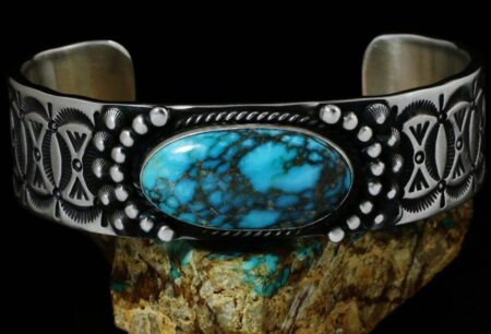 Herman Smith Candelaria Spiderweb Turquoise Heavy Gauge Double Sided Sterling Silver Bracelet