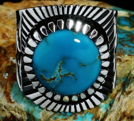 Nick Nez Sierra Nevada Turquoise Heavy Gauge Sterling Silver Shadowbox Design Overlay Ring