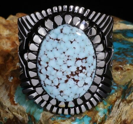 Nick Nez Dry Creek Turquoise Heavy Gauge Sterling Silver Shadowbox Design Overlay Ring