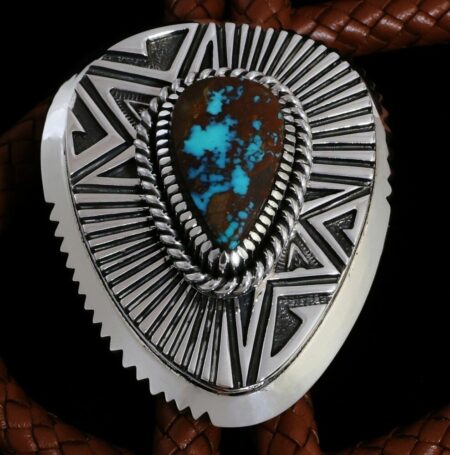 Nick Nez Pilot Mountain Turquoise Heavy Gauge Sterling Silver Overlay Bolo Tie