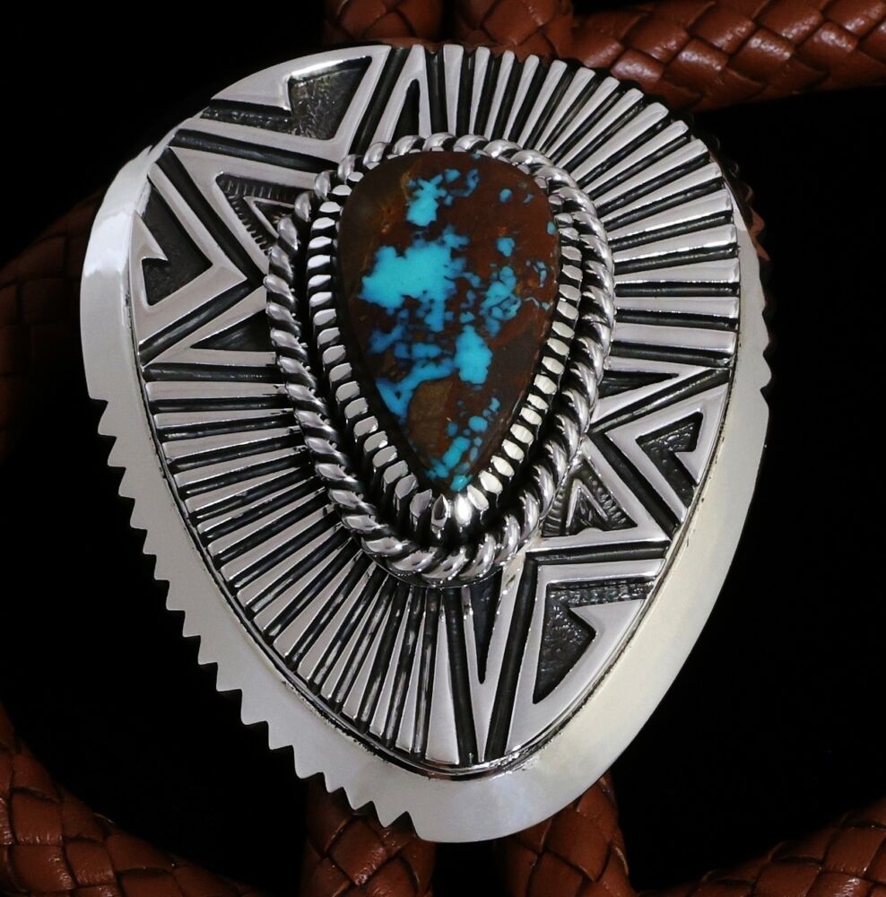 Nick Nez Pilot Mountain Turquoise Heavy Gauge Sterling Silver Overlay Bolo Tie