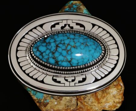 Leonard Nez Carico Lake Spiderweb Turquoise Overlay Belt Buckle