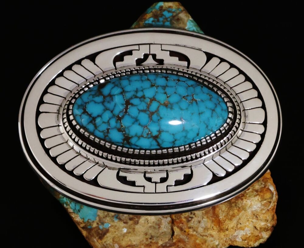 Leonard Nez Carico Lake Spiderweb Turquoise Overlay Belt Buckle